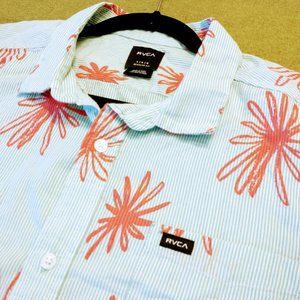 RVCA Aqua Pinstripe w/ Coral Flowers Short-sleeve Button-down, size Lg